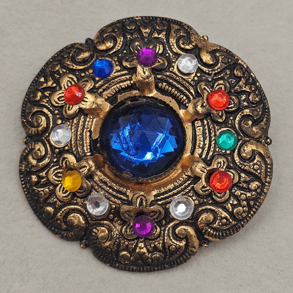 Vintage Rhinestone Round Brooch Czech Revival Gold Tone Ornate Hook Clasp